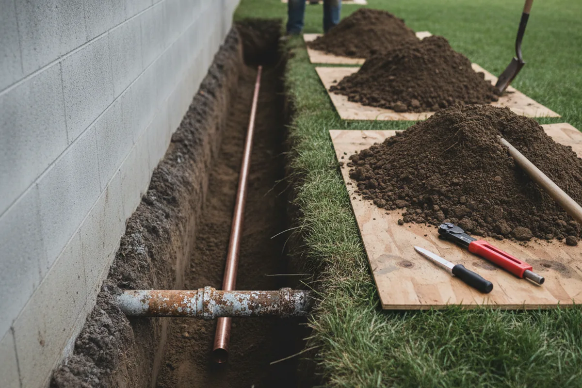 Excavated water line trench during Sewer Line Repair in Woody